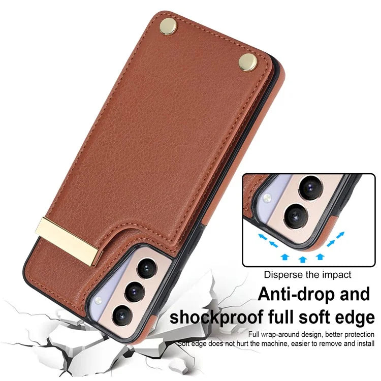 For Samsung Galaxy S21+ 5G Cover Metal Decor TPU+Leather Card Holder Anti-scratch Cell Phone Case