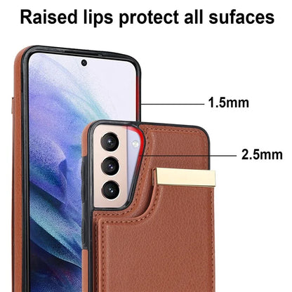 For Samsung Galaxy S21+ 5G Cover Metal Decor TPU+Leather Card Holder Anti-scratch Cell Phone Case