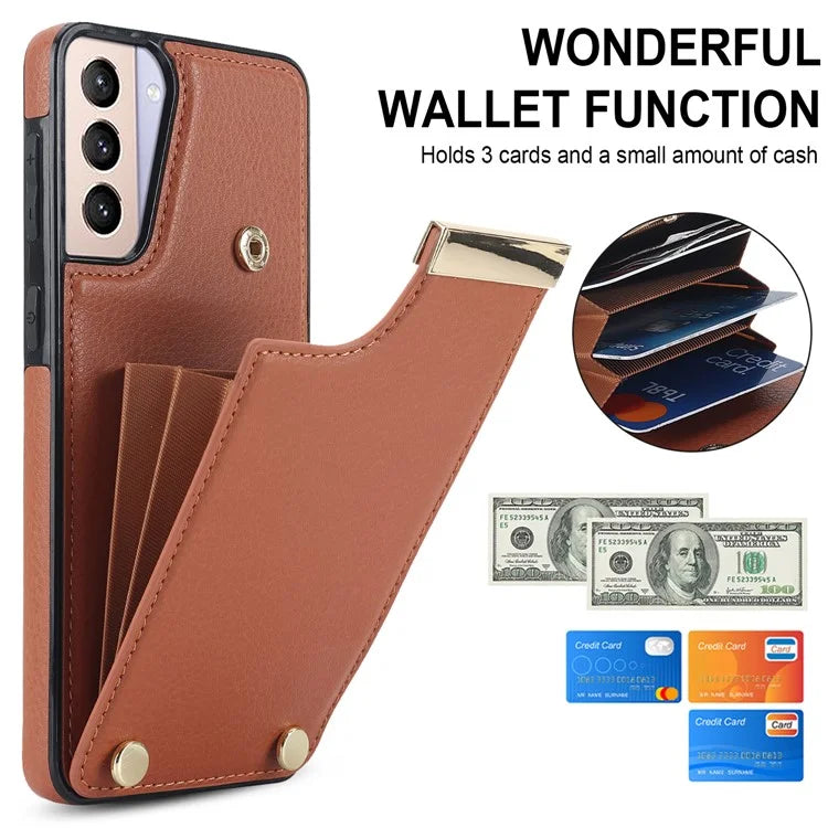 For Samsung Galaxy S21+ 5G Cover Metal Decor TPU+Leather Card Holder Anti-scratch Cell Phone Case