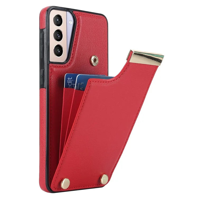 For Samsung Galaxy S21+ 5G Cover Metal Decor TPU+Leather Card Holder Anti-scratch Cell Phone Case