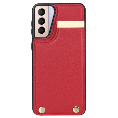 For Samsung Galaxy S21+ 5G Cover Metal Decor TPU+Leather Card Holder Anti-scratch Cell Phone Case