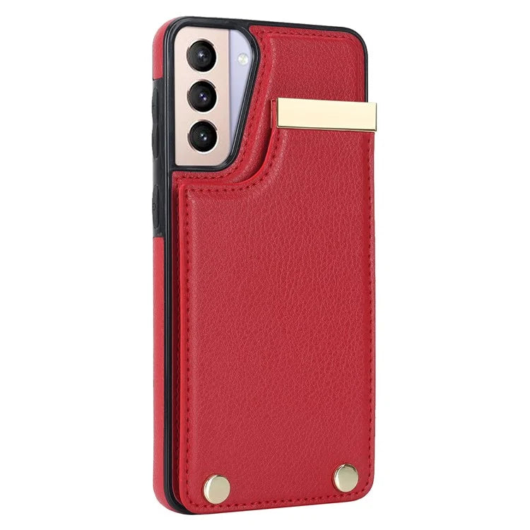 For Samsung Galaxy S21+ 5G Cover Metal Decor TPU+Leather Card Holder Anti-scratch Cell Phone Case