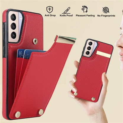 For Samsung Galaxy S21+ 5G Cover Metal Decor TPU+Leather Card Holder Anti-scratch Cell Phone Case