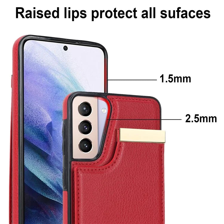 For Samsung Galaxy S21+ 5G Cover Metal Decor TPU+Leather Card Holder Anti-scratch Cell Phone Case