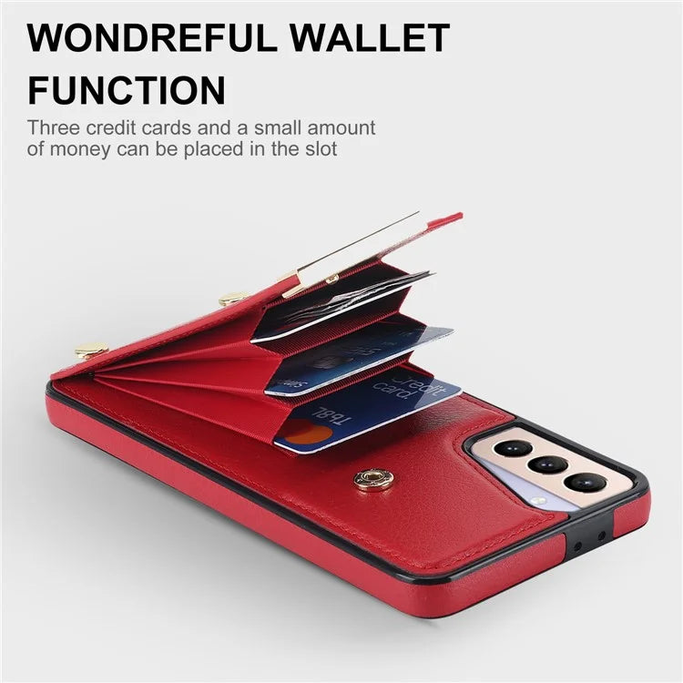 For Samsung Galaxy S21+ 5G Cover Metal Decor TPU+Leather Card Holder Anti-scratch Cell Phone Case
