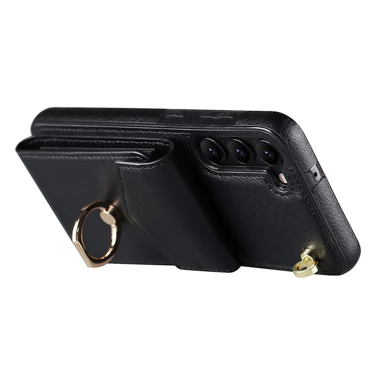 For Samsung Galaxy S22+ 5G Cover Card Bag Ring Kickstand Anti-fall Cell Phone Case with Strap