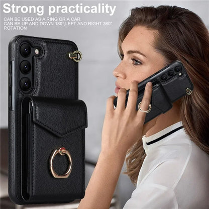 For Samsung Galaxy S22+ 5G Cover Card Bag Ring Kickstand Anti-fall Cell Phone Case with Strap