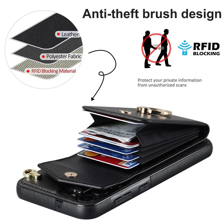 For Samsung Galaxy S22+ 5G Cover Card Bag Ring Kickstand Anti-fall Cell Phone Case with Strap