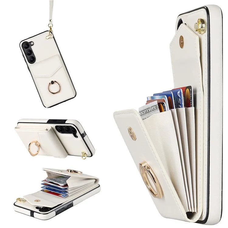 For Samsung Galaxy S22+ 5G Cover Card Bag Ring Kickstand Anti-fall Cell Phone Case with Strap