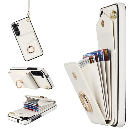 For Samsung Galaxy S22+ 5G Cover Card Bag Ring Kickstand Anti-fall Cell Phone Case with Strap