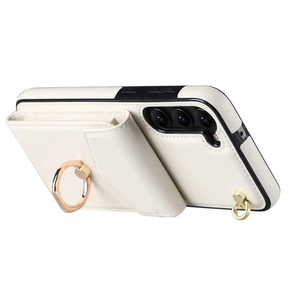 For Samsung Galaxy S22+ 5G Cover Card Bag Ring Kickstand Anti-fall Cell Phone Case with Strap