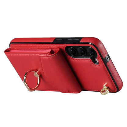 For Samsung Galaxy S22+ 5G Cover Card Bag Ring Kickstand Anti-fall Cell Phone Case with Strap