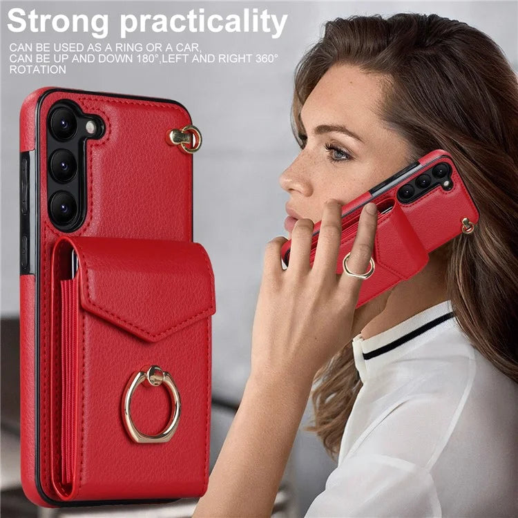 For Samsung Galaxy S22+ 5G Cover Card Bag Ring Kickstand Anti-fall Cell Phone Case with Strap