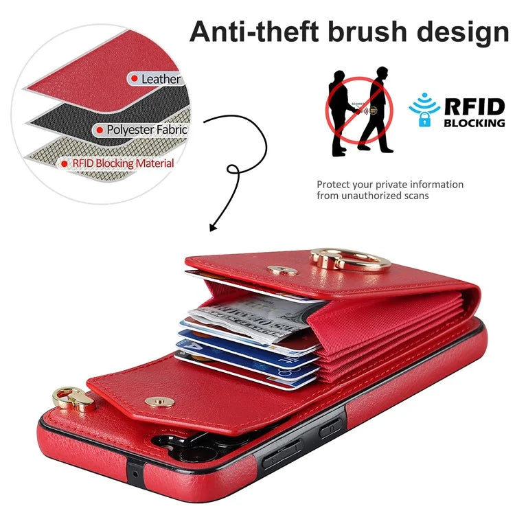 For Samsung Galaxy S22+ 5G Cover Card Bag Ring Kickstand Anti-fall Cell Phone Case with Strap