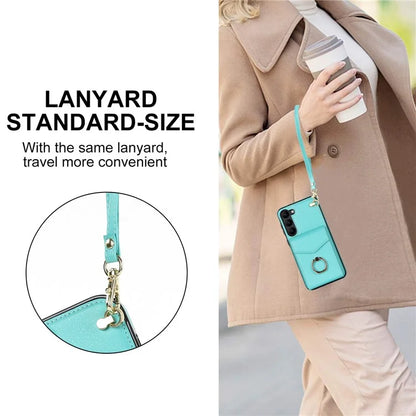 For Samsung Galaxy S22+ 5G Cover Card Bag Ring Kickstand Anti-fall Cell Phone Case with Strap