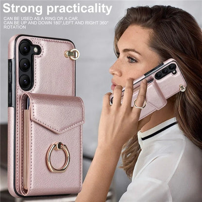For Samsung Galaxy S22+ 5G Cover Card Bag Ring Kickstand Anti-fall Cell Phone Case with Strap