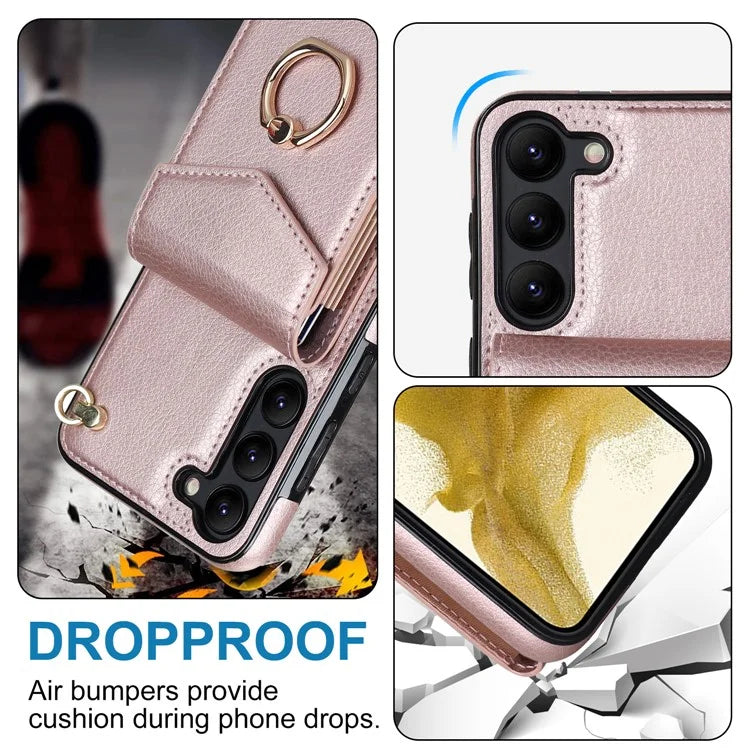 For Samsung Galaxy S22+ 5G Cover Card Bag Ring Kickstand Anti-fall Cell Phone Case with Strap
