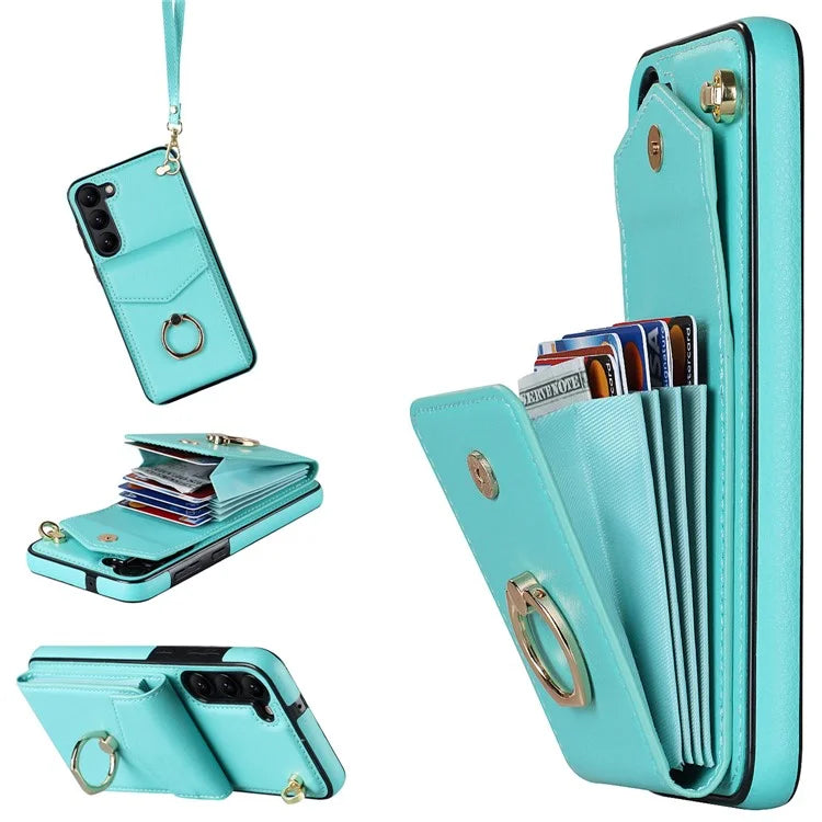 For Samsung Galaxy S22 5G Cover Accordion Card Bag PU Leather+TPU Ring Kickstand Cell Phone Case