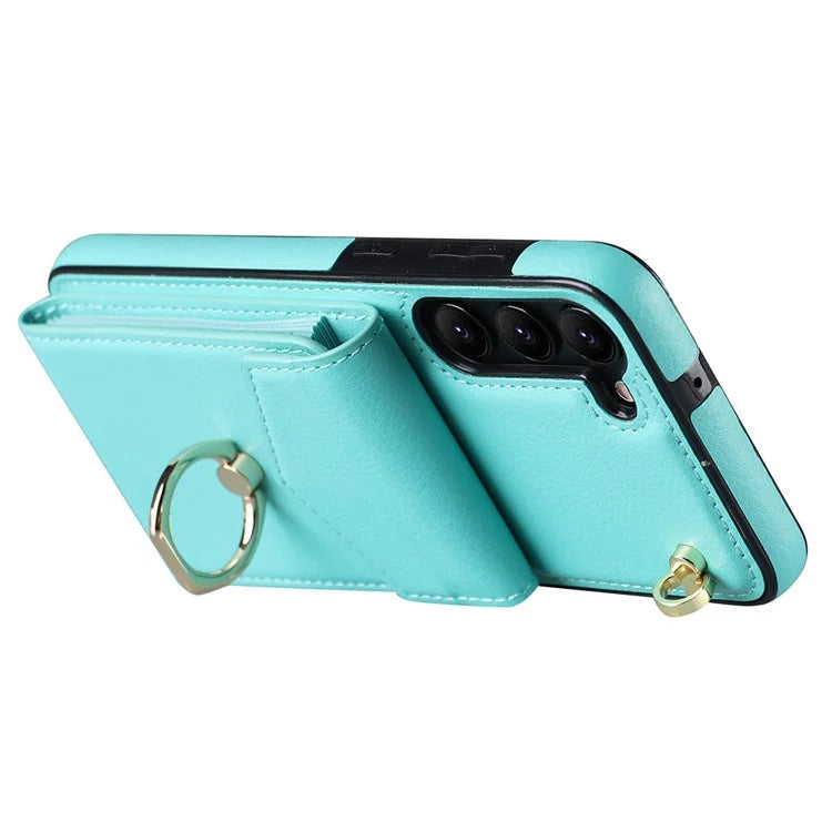 For Samsung Galaxy S22 5G Cover Accordion Card Bag PU Leather+TPU Ring Kickstand Cell Phone Case