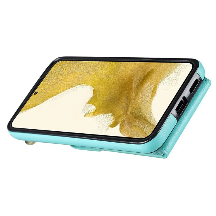 For Samsung Galaxy S22 5G Cover Accordion Card Bag PU Leather+TPU Ring Kickstand Cell Phone Case