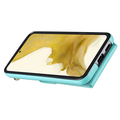 For Samsung Galaxy S22 5G Cover Accordion Card Bag PU Leather+TPU Ring Kickstand Cell Phone Case