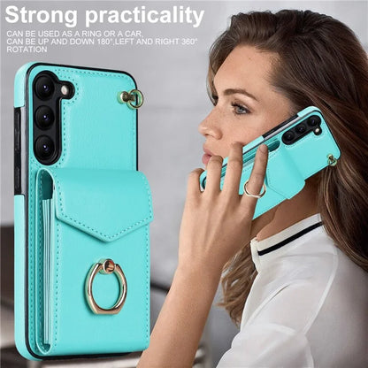For Samsung Galaxy S22 5G Cover Accordion Card Bag PU Leather+TPU Ring Kickstand Cell Phone Case