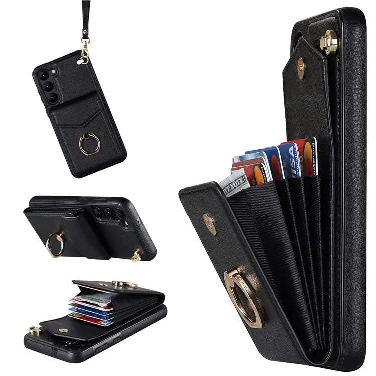 For Samsung Galaxy S22 5G Cover Accordion Card Bag PU Leather+TPU Ring Kickstand Cell Phone Case