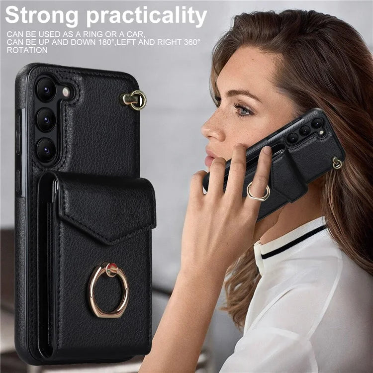For Samsung Galaxy S22 5G Cover Accordion Card Bag PU Leather+TPU Ring Kickstand Cell Phone Case