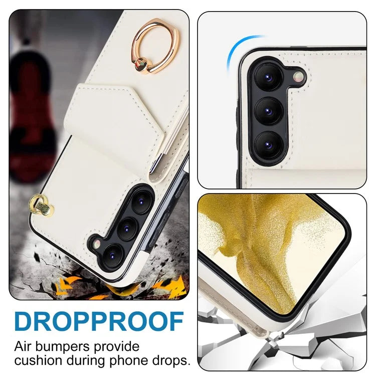 For Samsung Galaxy S22 5G Cover Accordion Card Bag PU Leather+TPU Ring Kickstand Cell Phone Case
