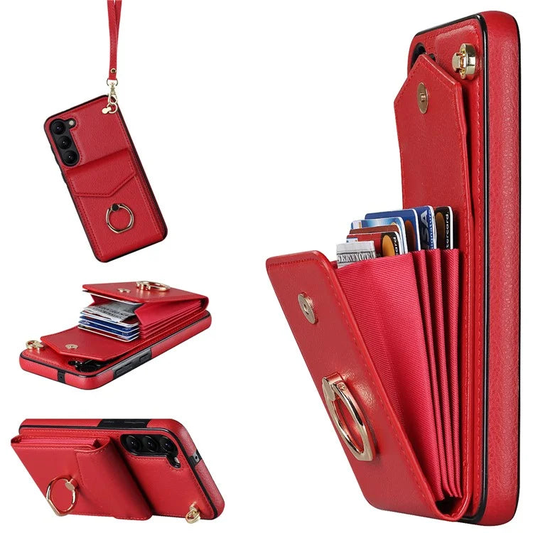 For Samsung Galaxy S22 5G Cover Accordion Card Bag PU Leather+TPU Ring Kickstand Cell Phone Case