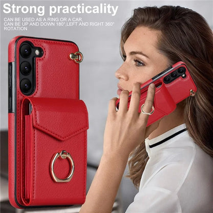 For Samsung Galaxy S22 5G Cover Accordion Card Bag PU Leather+TPU Ring Kickstand Cell Phone Case