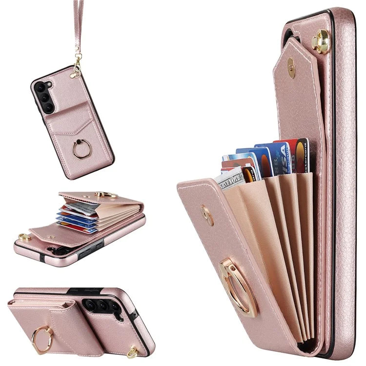 For Samsung Galaxy S22 5G Cover Accordion Card Bag PU Leather+TPU Ring Kickstand Cell Phone Case