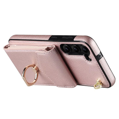 For Samsung Galaxy S22 5G Cover Accordion Card Bag PU Leather+TPU Ring Kickstand Cell Phone Case