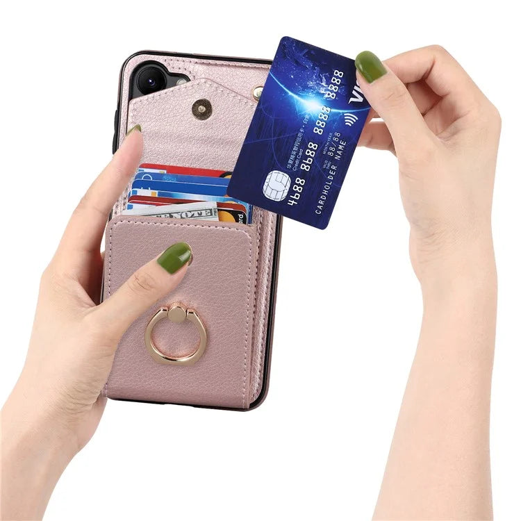 For Samsung Galaxy S22 5G Cover Accordion Card Bag PU Leather+TPU Ring Kickstand Cell Phone Case
