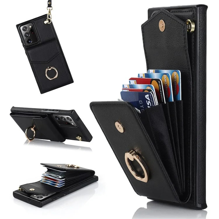 For Samsung Galaxy Note20 Ultra 5G / Note20 Ultra Cover Ring Kickstand Card Bag PU+TPU Cell Phone Case