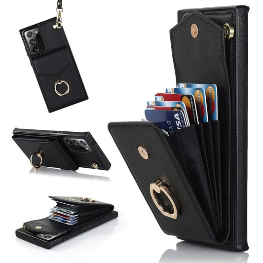 For Samsung Galaxy Note20 Ultra 5G / Note20 Ultra Cover Ring Kickstand Card Bag PU+TPU Cell Phone Case
