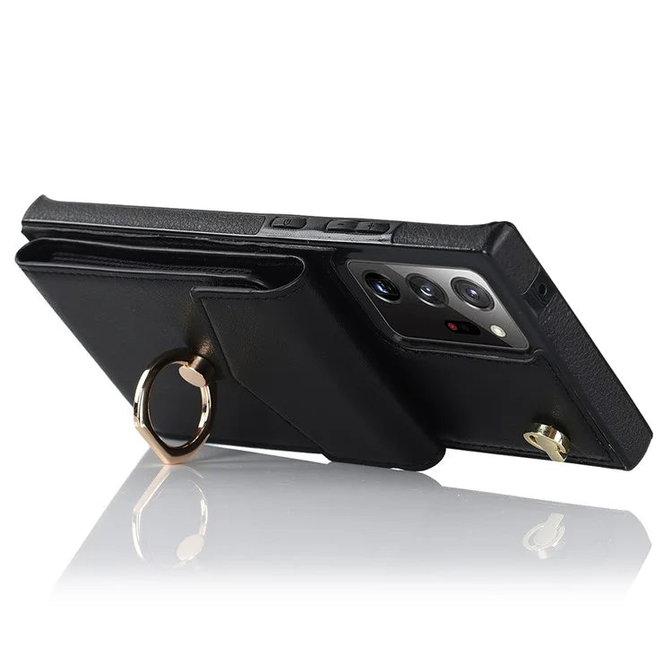 For Samsung Galaxy Note20 Ultra 5G / Note20 Ultra Cover Ring Kickstand Card Bag PU+TPU Cell Phone Case