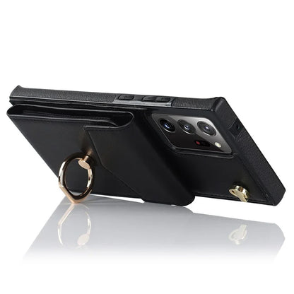 For Samsung Galaxy Note20 Ultra 5G / Note20 Ultra Cover Ring Kickstand Card Bag PU+TPU Cell Phone Case
