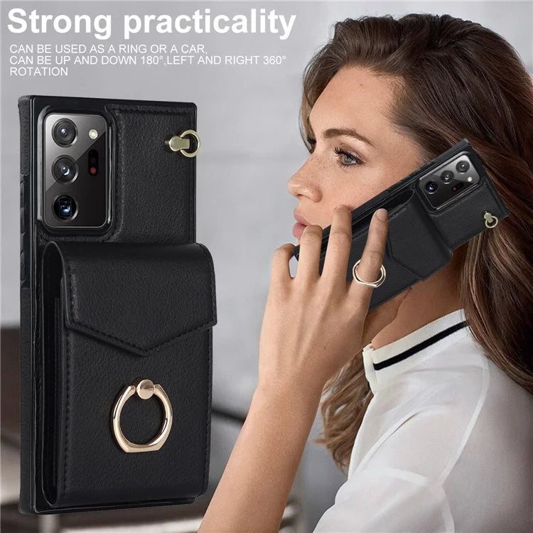 For Samsung Galaxy Note20 Ultra 5G / Note20 Ultra Cover Ring Kickstand Card Bag PU+TPU Cell Phone Case