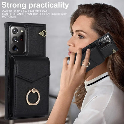 For Samsung Galaxy Note20 Ultra 5G / Note20 Ultra Cover Ring Kickstand Card Bag PU+TPU Cell Phone Case