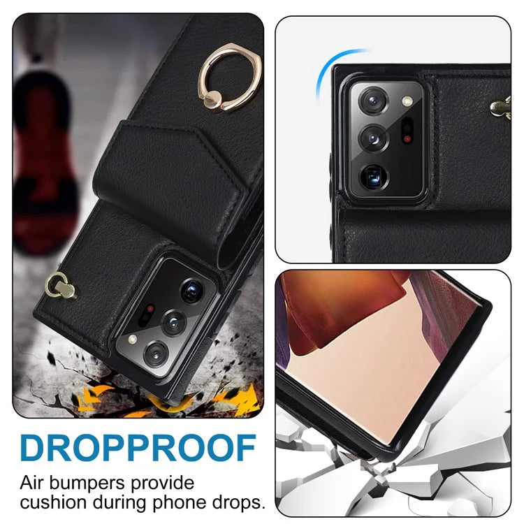 For Samsung Galaxy Note20 Ultra 5G / Note20 Ultra Cover Ring Kickstand Card Bag PU+TPU Cell Phone Case