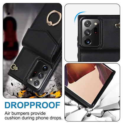 For Samsung Galaxy Note20 Ultra 5G / Note20 Ultra Cover Ring Kickstand Card Bag PU+TPU Cell Phone Case