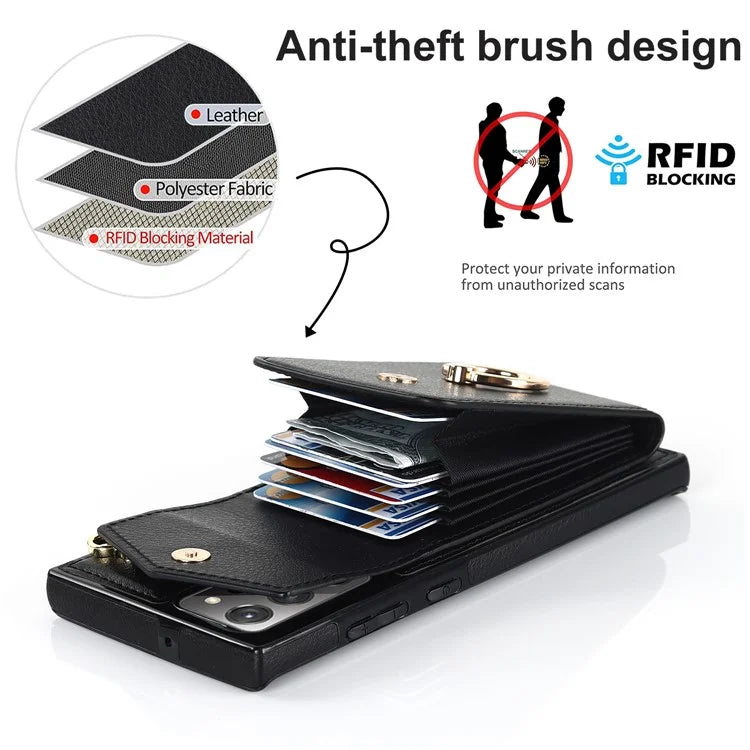 For Samsung Galaxy Note20 Ultra 5G / Note20 Ultra Cover Ring Kickstand Card Bag PU+TPU Cell Phone Case