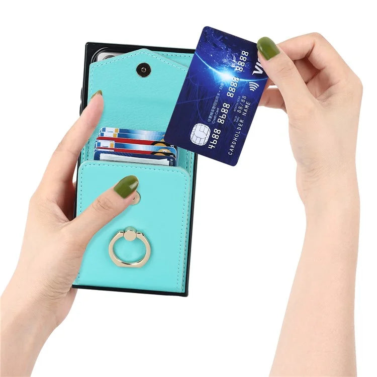 For Samsung Galaxy Note20 Ultra 5G / Note20 Ultra Cover Ring Kickstand Card Bag PU+TPU Cell Phone Case