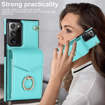 For Samsung Galaxy Note20 Ultra 5G / Note20 Ultra Cover Ring Kickstand Card Bag PU+TPU Cell Phone Case