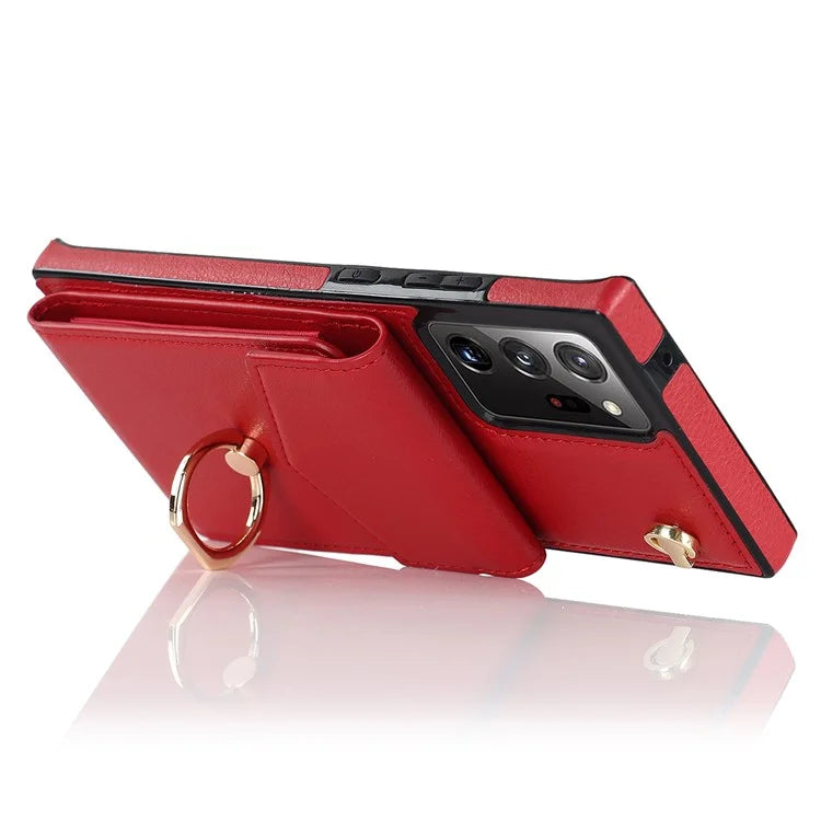 For Samsung Galaxy Note20 Ultra 5G / Note20 Ultra Cover Ring Kickstand Card Bag PU+TPU Cell Phone Case