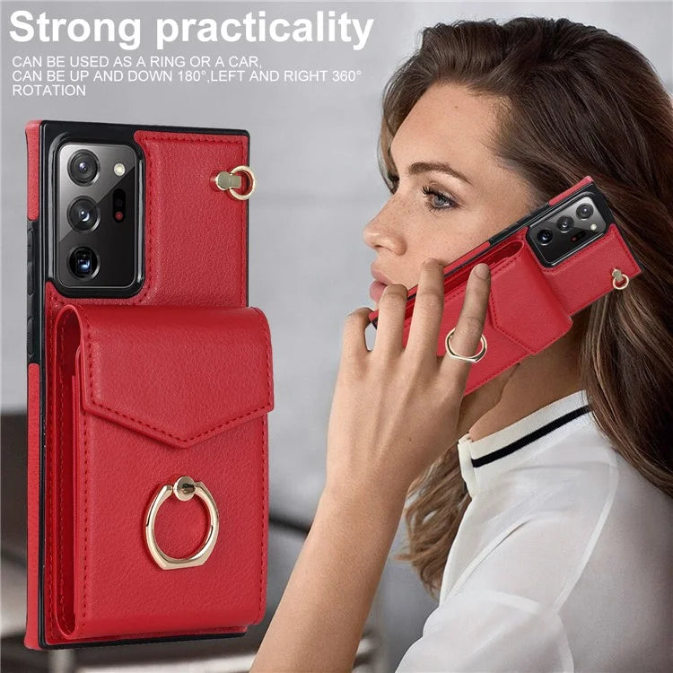 For Samsung Galaxy Note20 Ultra 5G / Note20 Ultra Cover Ring Kickstand Card Bag PU+TPU Cell Phone Case
