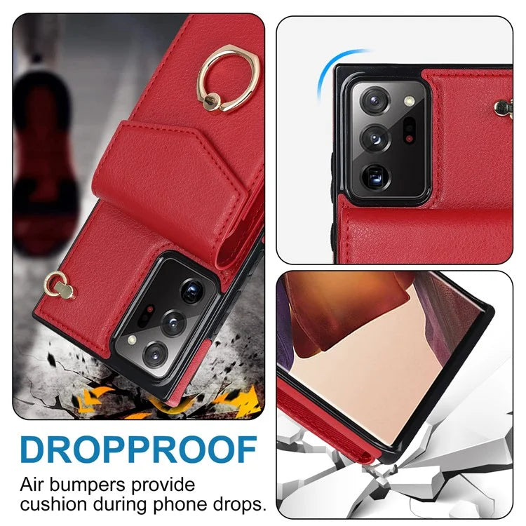 For Samsung Galaxy Note20 Ultra 5G / Note20 Ultra Cover Ring Kickstand Card Bag PU+TPU Cell Phone Case