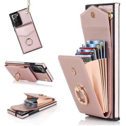 For Samsung Galaxy Note20 Ultra 5G / Note20 Ultra Cover Ring Kickstand Card Bag PU+TPU Cell Phone Case