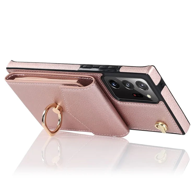 For Samsung Galaxy Note20 Ultra 5G / Note20 Ultra Cover Ring Kickstand Card Bag PU+TPU Cell Phone Case